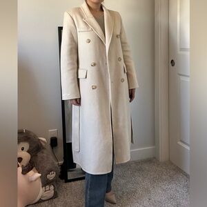 Ivory 100% Wool Belted Power Coat – Blazer Lapel Long Coat – Oversized M